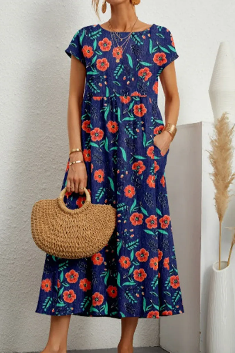 Casual Floral Pocket O Neck Printed Dress Dresses